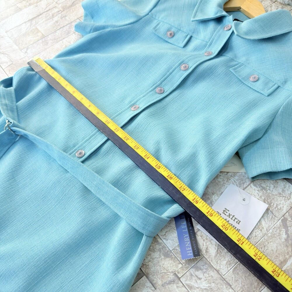 Henry Lee Dress Vintage Size 8P Aqua Blue Short Sleeve Midi Sheath Belted - Picture 13 of 13